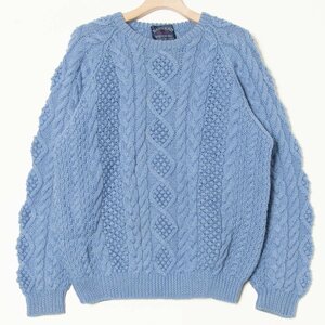 HILLS AVENUE ヒルズ アベニュー HANDKNIT ハンドニット ウール100％ サイズL ケーブル編み 水色/スカイブルー系 ユニセックス 古着 秋冬