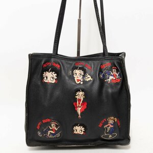 【1円スタート】BETTY BOOP ベティブープ USA製 トートバッグ 肩掛け レザー 本革 ブラック 黒 ベティちゃん 刺繍 カジュアル 婦人鞄