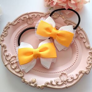 552 ハンドメイド リボン ヘアゴム キッズ ひとつ結び 黄色 白 レース