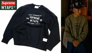 正規品 21AW SUPREME×WTAPS Crewneck Sweat Shirt シュプリーム×ダブルタップ クルーネックスウェット 94-96 ロゴプリント 黒 M S-25