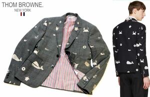 THOM BROWNE MJC159A ファンミックス クジラ 2PLY FRESCO ジャケット トムブラウン ホエール 刺 総柄 テーラードジャケット グレー0 E-17