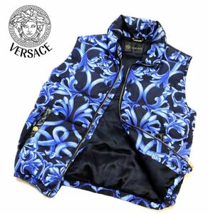 正規品 VERSACE ポケットレザー×メデューサ金ボタン フローラル ダウンベスト ヴェルサーチ バロック 総柄 DOWN VEST ブラック 48 JK-7