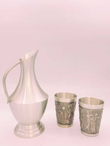 N34427 【美品】ORIENTAL PEWTER MALAYSIA 水差し &Garden city pewter SINGAPORE カップ2客 セット タンブラー 洋食器 錫