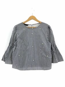 ZARA basic ザラ ベーシック パールビーズ ストライプ ブラウス シャツ sizeUSA M/白×青 ■◇ ☆ eac2 レディース