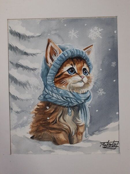 水彩画 雪降る中の子猫