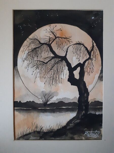 水彩画 月明かりに照らされた森