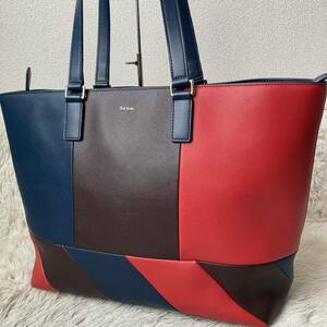 1円 大容量 Paul Smith ポールスミス パッチワーク マルチカラー ロゴ トートバッグ 肩掛け ビジネス PC A4 メンズ レディース レザー 