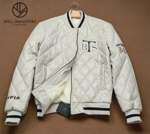 XP24　BTS　PUレザージャケット　メンズ　XL(日本サイズでL程度)　中綿　スタジャン　メンズ　ブルゾン　アウター　秋冬　保温　ホワイト