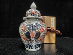 ★時代物『古伊万里 染錦 牡丹唐草文 沈香壺 / 沈香壷(高さ=20cm / 桐箱入り)』 ※検)伊万里焼 色絵 金彩 金襴手 花瓶 花入 飾壺 小壺★