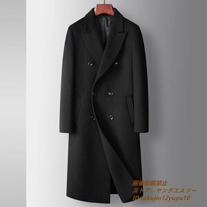 最高級 メンズコート カシミヤコート 紳士 ビジネスコート 厚手 ロングコート ダブルボタン チェスターコート ウールアウター ブラック 2XL