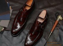新品特売◆ビジネスシューズ メンズシューズ レザーシューズ 革靴 モンクストラップ 職人手作り 紳士靴 ワインレッド 25.5cm_画像5