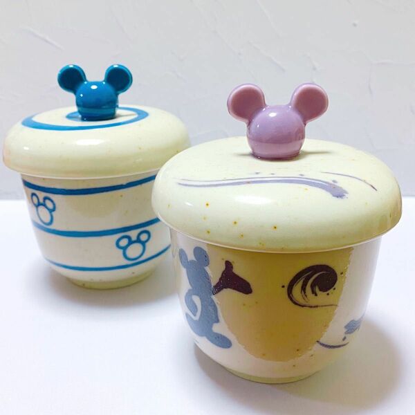 【匿名配送】ミッキーマウス 茶碗蒸し 湯呑み 和風 ペアセット ブルー パープル