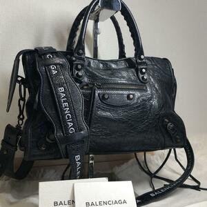 1円 超極美品 ミラー付き BALENCIAGA バレンシアガ 2way シティ ハンドバッグ レザー 黒　ブラック