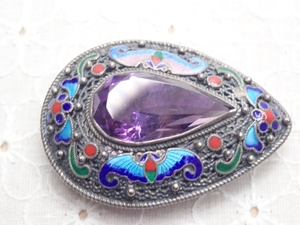 L644　ヴィンテージ シルバー ブローチ パープルカボッション 七宝 トップにも SILVER アクセサリー Vintage brooch