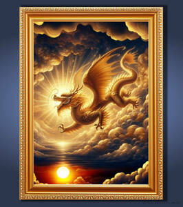 Art hand Auction Shining Golden Dragon Running Above the Clouds Framed Graphic Spiritual Art, artwork, painting, others