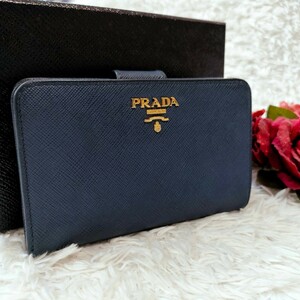 PRADA プラダ 折財布 サイフ 二つ折り バイフォールド L字ファスナー ゴールド金具 ロゴ金具 メタル サフィアーノ レザー 1ML225 ネイビー