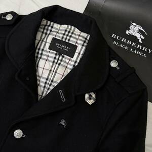 極美品 レア BURBERRY BLACK LABEL ショートマリンコート メルトンウール ホースマーク 銀ボタン ノバチェック 濃紺 L#2639