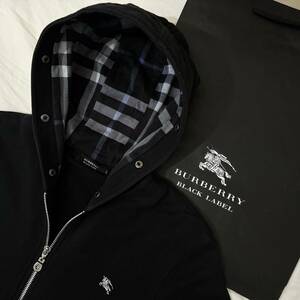 美品 レア BURBERRY BLACK LABEL バーバリーブラックレーベル スゥエットパーカー ノバチェック ホース刺繍 黒 2(M) #2636