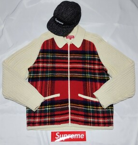 SUPREME 18AW Plaid Front Zip Sweater off white キムタク着　Cap付き カーディガン ジャケット