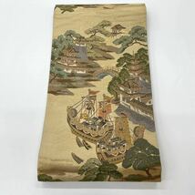 【611】星月夜 帯 袋帯 清明上川図 全通金欄綴 金 ラメ 帆船 松 正絹 良品_画像3