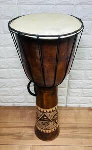 再1-1【1円スタート】 ジャンベ 民族楽器 打面 約30cm 高さ約70cm 打楽器パーカッション 木製 太鼓 現状品 
