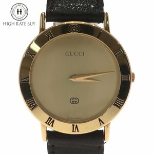 1円スタート GUCCI グッチ メンズ 腕時計 3000M GGロゴ クォーツ QZ ラウンドフェイス ゴールド文字盤 2針 純正 革ベルト 動作未確認