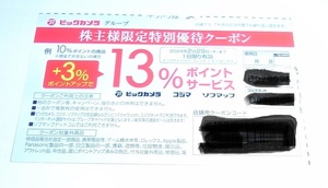 ビックカメラ 株主優待」 特別優待クーポン(（例）10％ポイントの商品、3％ポイントアップで13％ポイントサービス) 期限2024年2月29日