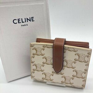 1円 CELINE セリーヌ トリオンフ 総柄 コンパクトウォレット キャンバス/ラム ホワイト 二つ折り財布 白系