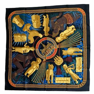 未使用 HERMES エルメス カレ90 Tresor Royal du Benin ベナンの王家の宝物 スカーフ シルク ブラック系