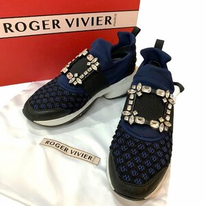 １円 ROGER VIVIER ロジェヴィヴィエ ヴィヴ ラン クリスタルバックル ランスニーカーファブリック ネイビー×ブラック 38