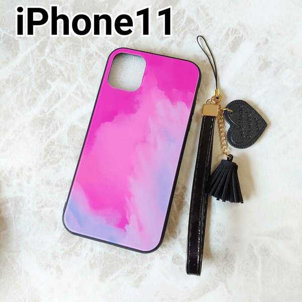 iPhone11ケース　ピンク＆パープル　水彩　マーブル　ストラップ付き