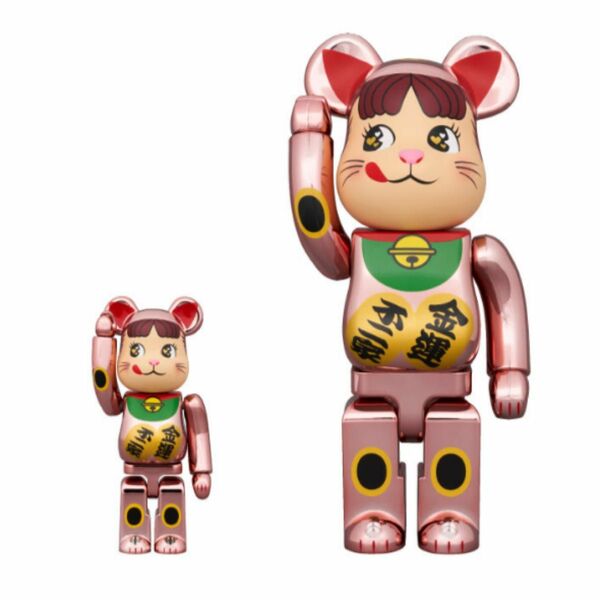 BE@RBRICK 招き猫 ペコちゃん 金運ダブル小判 桃金メッキ 100% & 400%