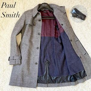 美品 ポールスミス 【さらさら生地】Paul Smith ステンカラーコート チェスター ロングコート ウール グレー ベルト ライナー Lサイズ