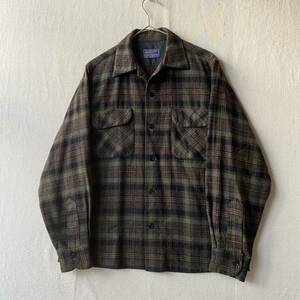 60s PENDLETON ボックス シャツ / S ウール ブラウン オリーブ チェック オープンカラー ビンテージ USA製 T4-01091-9350