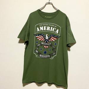 アメリカ古着　イーグル　半袖　Tシャツ　クルーネック　カーキグリーン　2016年製　Lサイズ　コットン　プリント　【Q249】