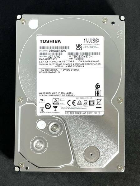 【送料無料】　★ 4TB ★　TOSHIBA / DT02ABA400V　【使用時間： 11 ｈ】　2023年製　新品同様　3.5インチ内蔵HDD　SATA　AVコマンド対応