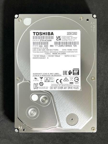 【送料無料】　★ 2TB ★　TOSHIBA / DT01ACA200　【使用時間： 17 ｈ】　2022年製　新品同様　3.5インチ 内蔵 HDD　SATA600/7200rpm