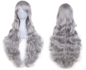  wig SET Halloween fancy dress long Karl wave to coil . full lady's cosplay hair net stand attaching anime platinum silver 