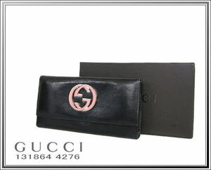 ☆GUCCI/グッチ 131864 インターロッキング GG ダブルG 二つ折 レザー長財布 ブラック/ピンク 送料税込み！