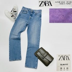 未使用品 ZARA ブルー スリムフィットデニムパンツ ジーパン レディース タグカジュアル大人可愛いジーンズパープルバックル デイリー ザラ