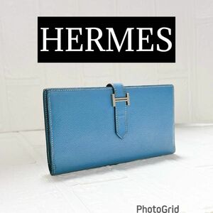 HERMES☆エルメス☆ベアンスフレ ブルージーン シルバー金具 長財布