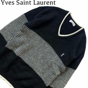 【送料無料】イブサンローラン　ロゴ刺繍　バイカラー　メンズ　vネック ニット　セーター　黒　ブラック　Yves Saint Laurent