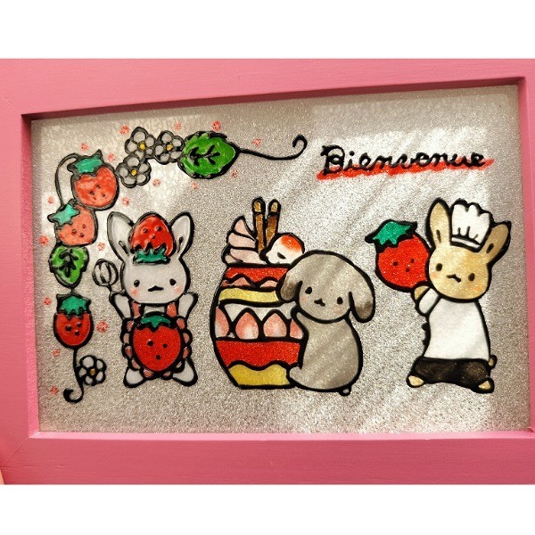 Free shipping * Stained glass style frame * Strawberry and rabbit in French (Welcome) Handmade ♪, Handmade items, interior, miscellaneous goods, others