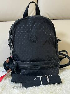 KIPLING キプリング ミニリュックサック ショルダーバッグ 2WAY USE 旅行用 ブラックのドット柄