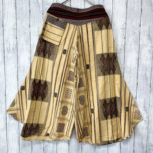  gaucho pants wide pants race pattern ethnic men's lady's free size cotton 100% c-411