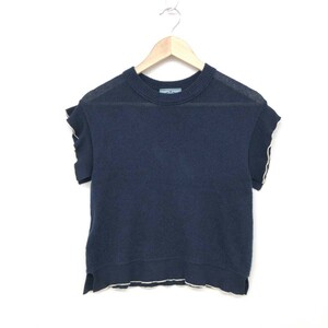 *PRADA Prada short sleeves frill knitted size 36* navy cashmere silk . lady's crew neck tops 