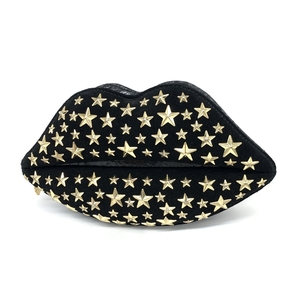  excellent *LULU GUINNESS Lulu Guinness clutch bag * black suede lip type Star studs python lady's Second bag bag 