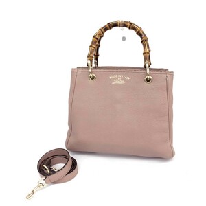 良好◆GUCCI グッチ 2WAYバッグ◆336032 52098 ピンクベージュ レザー 2室 バンブーハンドル レディース ハンド ショルダー bag 鞄