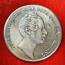 スウェーデン　硬貨　オスカー一世　1852年　ライオン　スウェーデン国章　1 リックスダラ　コイン　古銭　重さ23.44g_画像2
