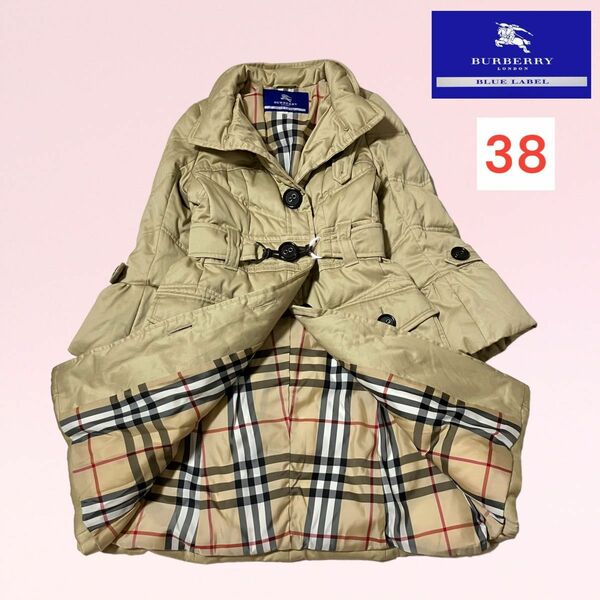 【クリーニング済み】BURBERRY バーバリーブルーレーベル　ダウンコート　ノバチェック　ベージュ　牛革ベルト　38 M